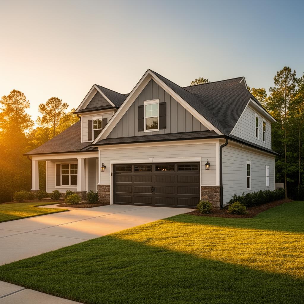 Charlotte home with a newly installed carriage-style garage door at golden hour